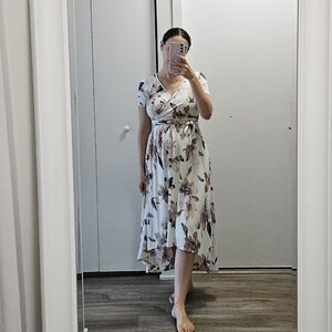 Floral Wrap Midi Dress in White and Blush